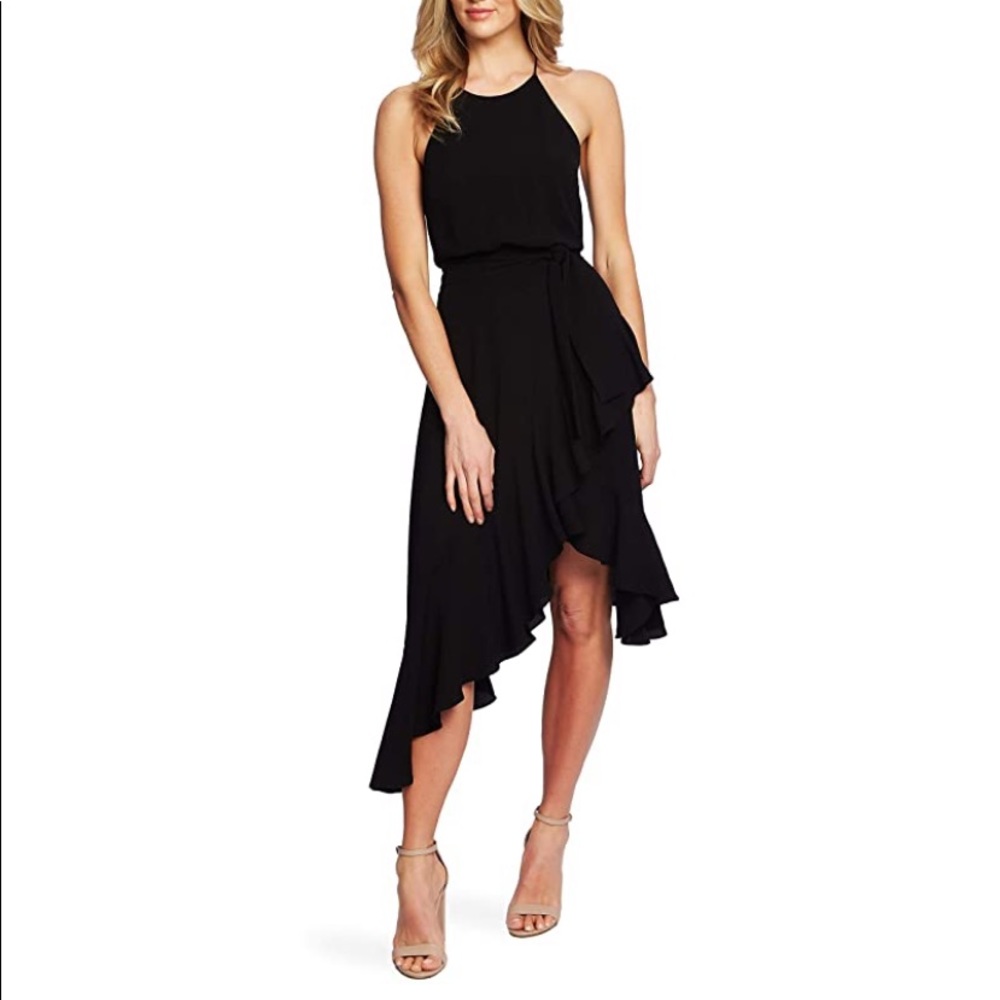CeCe Cascading Black Ruffle Halter Dress Size 14